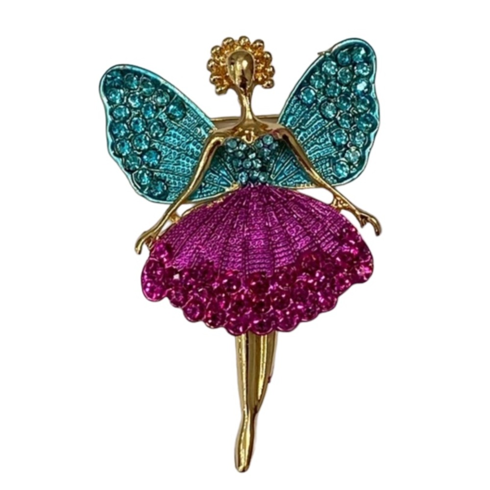 Blue and Pink Jeweled Ballerina Fairy Brooch/ Pendant with Movable Legs